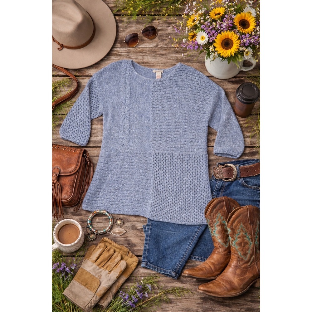 Sundance Blue Marl Patchwork Open Knit Sweater Tunic Womens‎ XL 3/4 Sleeve Boho